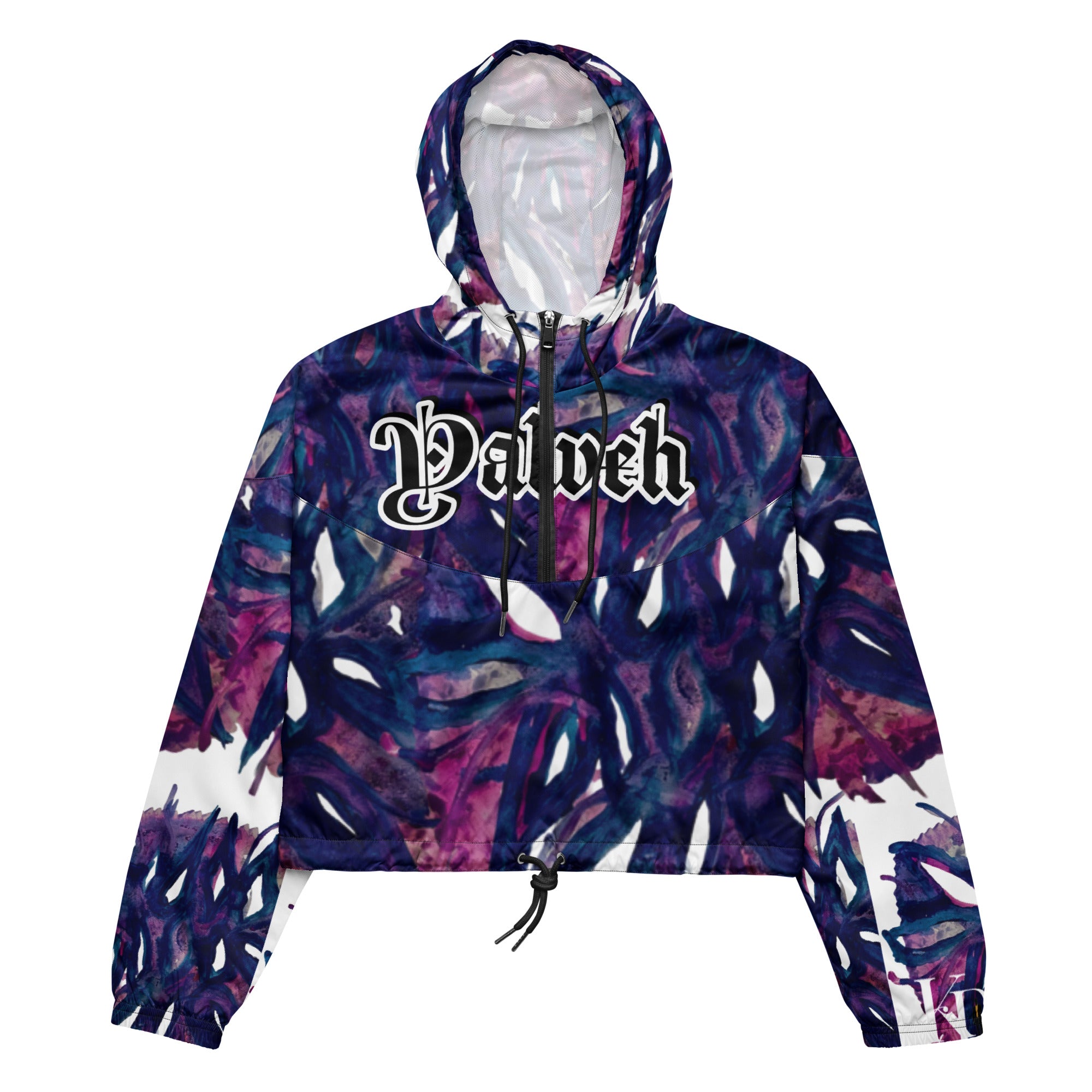Model wearing Yahweh Statement Cropped Hoodie with abstract purple print, showcasing urban elegance and bold gothic typography.