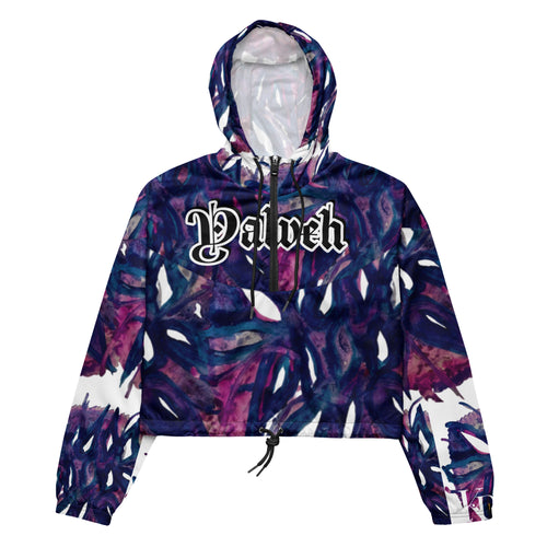 Model wearing Yahweh Statement Cropped Hoodie with abstract purple print, showcasing urban elegance and bold gothic typography.