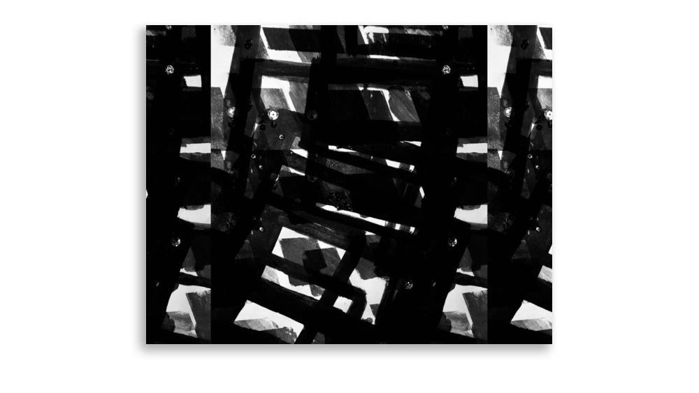 Monochrome abstract artwork depicting a world without emotion, featuring stark black and white geometric forms.