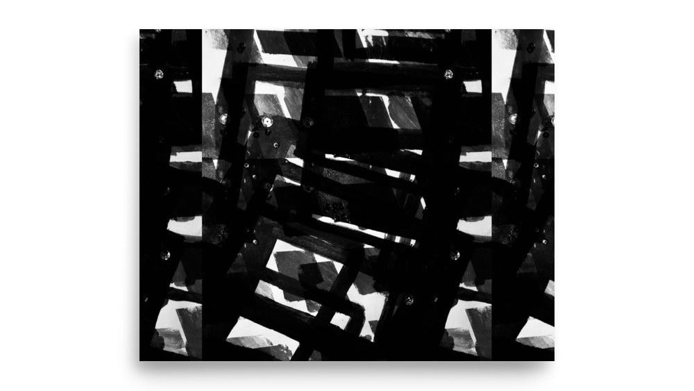 Abstract black and white artwork depicting a world without emotion, featuring stark geometric forms.