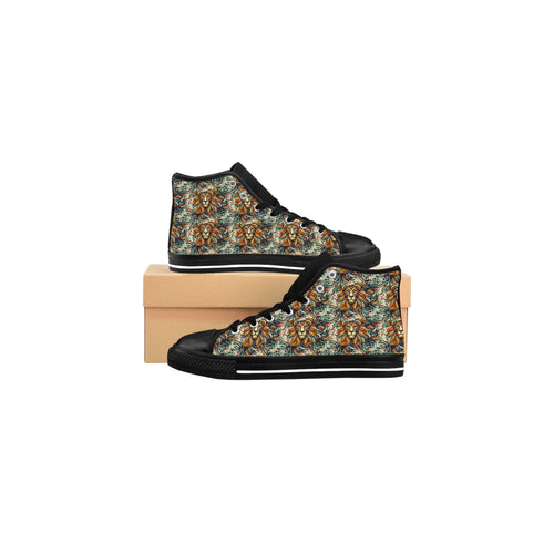 Men's Lionheart High-Tops with intricate lion print on brown box, showcasing bold style and creativity.
