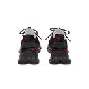 Rear view of Mosaic Crimson Women's Mesh Sneakers with unique sole design and red accents.