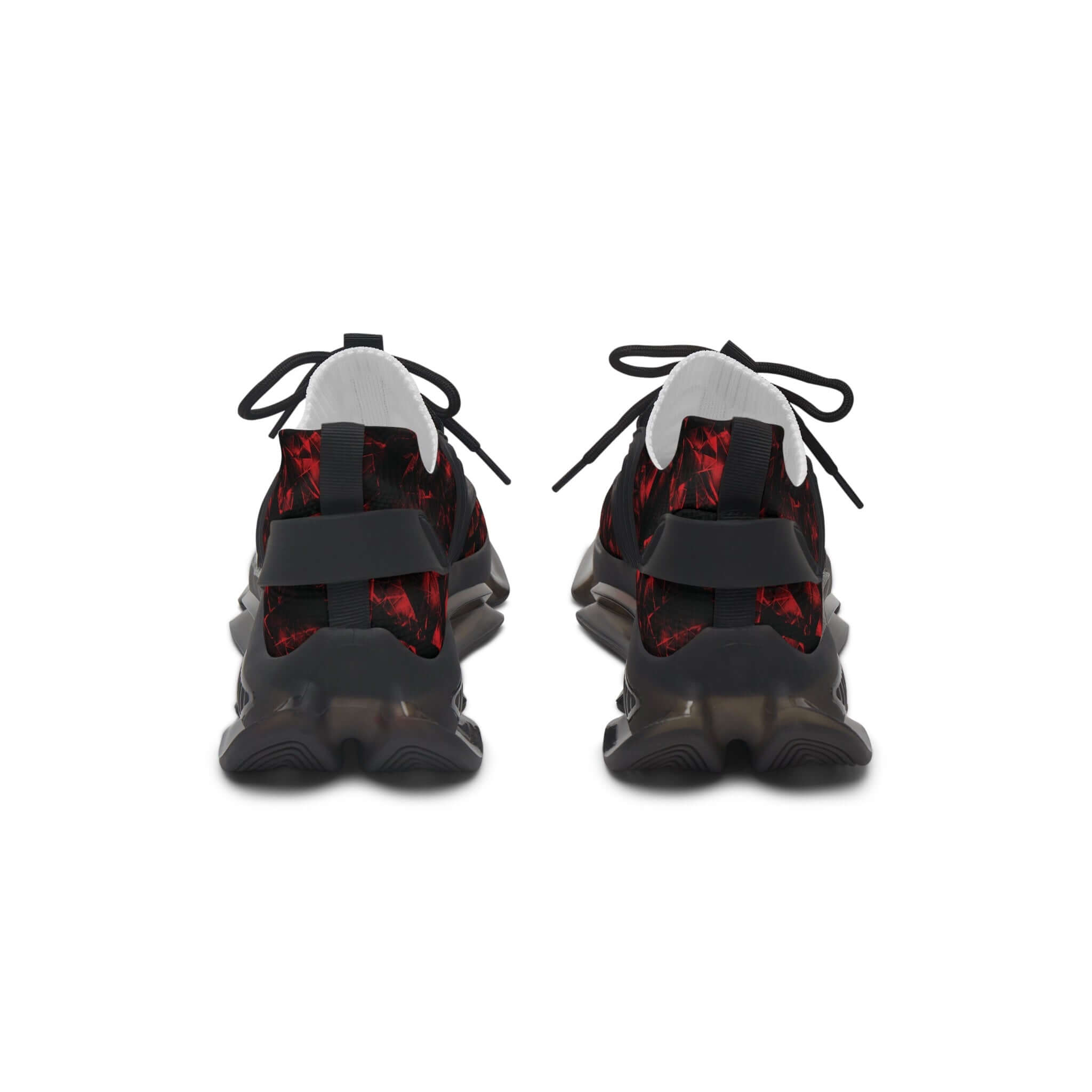 Rear view of Mosaic Crimson Women's Mesh Sneakers with unique sole design and red accents.