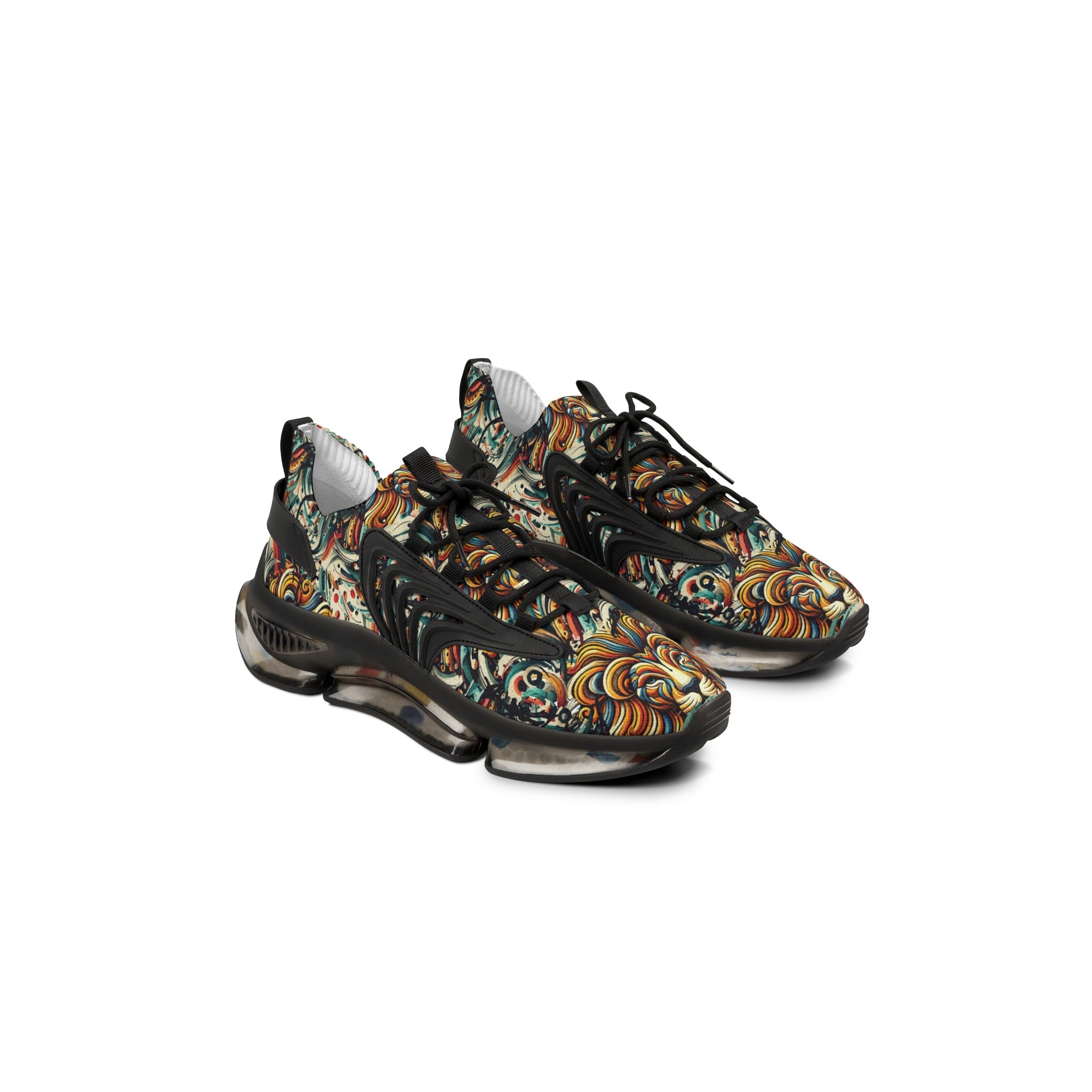 Lionheart Men's Mesh Sneakers featuring bold lion-inspired print and breathable design for comfort and style.