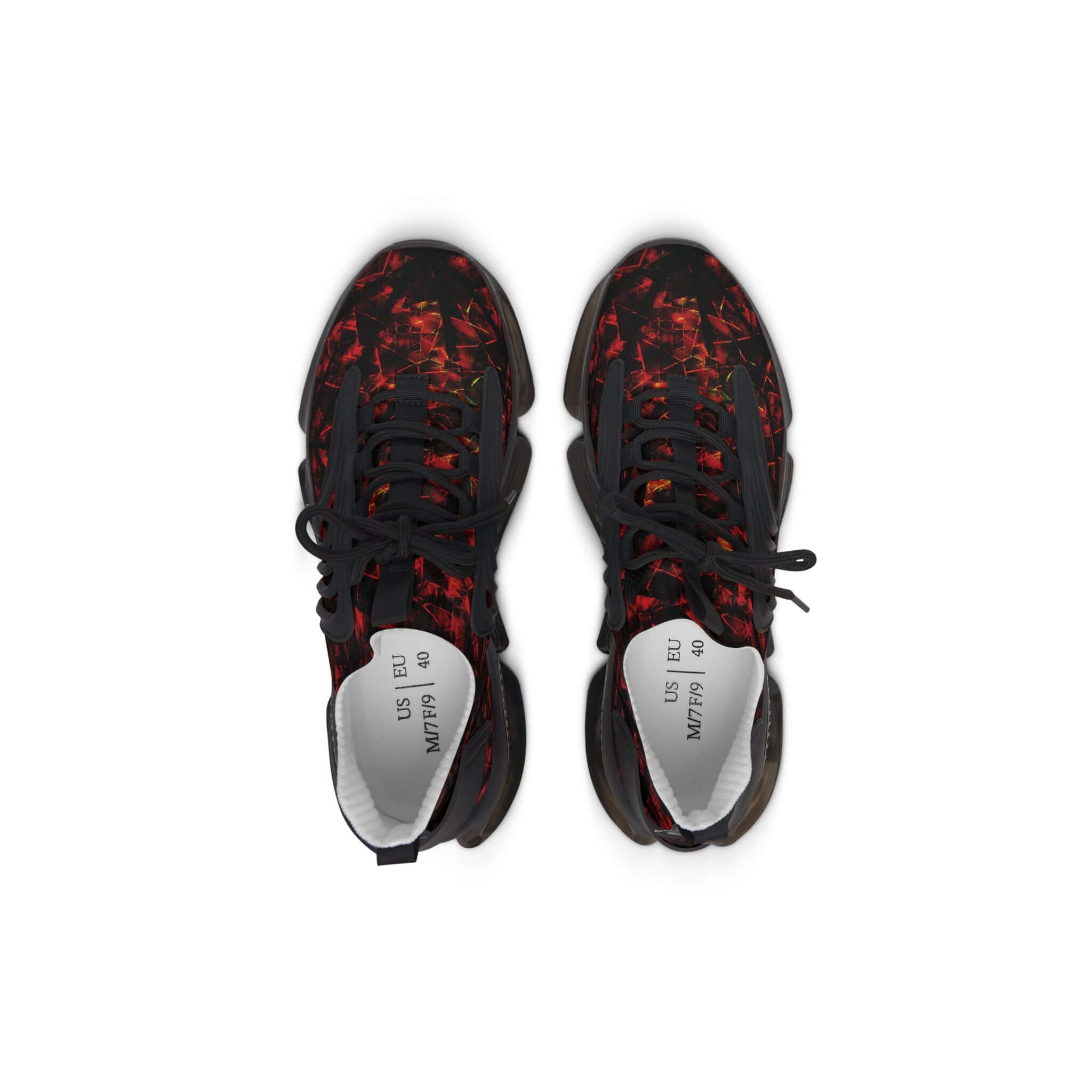 Mosaic Crimson Women's Mesh Sneakers top view showcasing stylish red and black pattern design with breathable mesh material.
