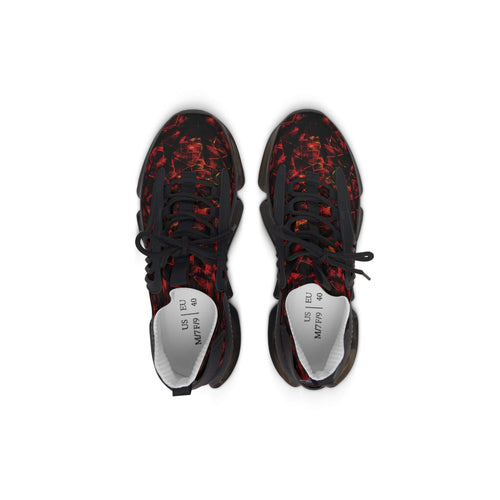 Mosaic Crimson Women's Mesh Sneakers top view showcasing stylish red and black pattern design with breathable mesh material.