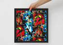 Framed photo poster of Divine Fire art, showcasing vibrant colors and chaotic forms reflecting life’s struggles and hope.
