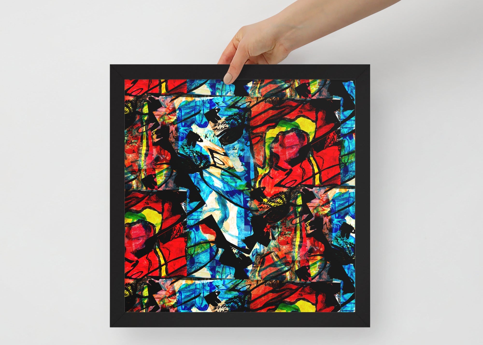 Framed photo poster of Divine Fire art, showcasing vibrant colors and chaotic forms reflecting life’s struggles and hope.