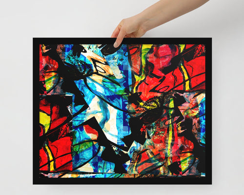 Framed poster of 'Divine Fire' artwork, depicting contrasts of pain and hope with vivid colors and chaotic forms.