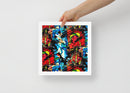 Framed photo paper poster 'Divine Fire' showcasing vibrant colors and chaotic forms, representing pain and hope in art.