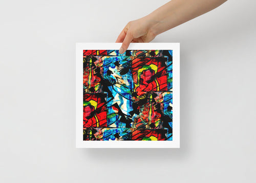 Framed photo paper poster 'Divine Fire' showcasing vibrant colors and chaotic forms, representing pain and hope in art.