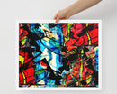 Framed poster of 'Divine Fire' art, showcasing vibrant colors and chaotic forms representing pain and hope.
