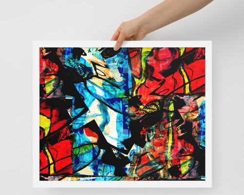 Framed poster of 'Divine Fire' art, showcasing vibrant colors and chaotic forms representing pain and hope.