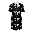 Midnight Silver Eclipse T-shirt Dress with bold black and silver abstract world map print for a chic, modern style.